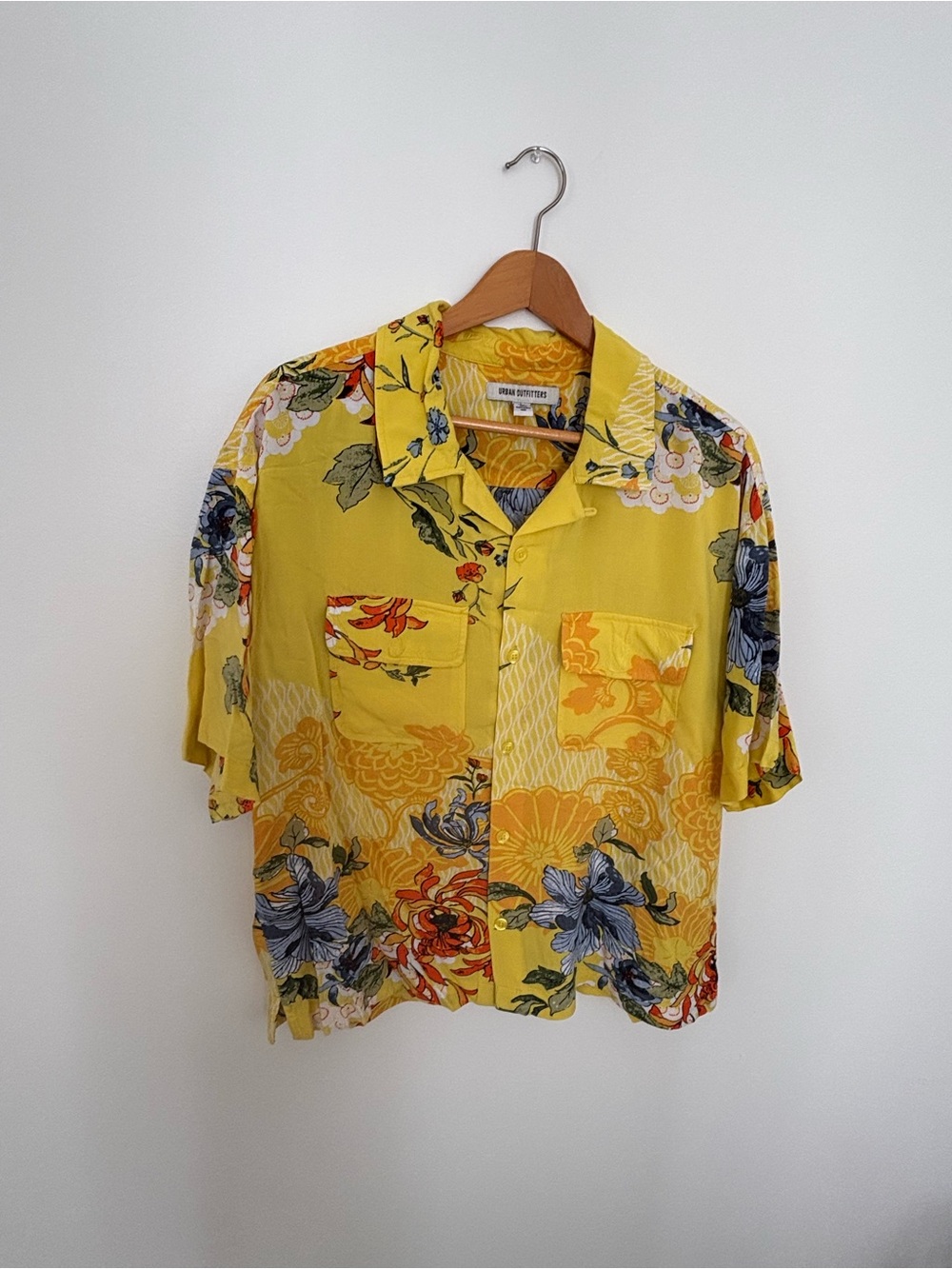 Urban Outfitters Yellow Floral Short-Sleeve Button-Down Crop Shirt